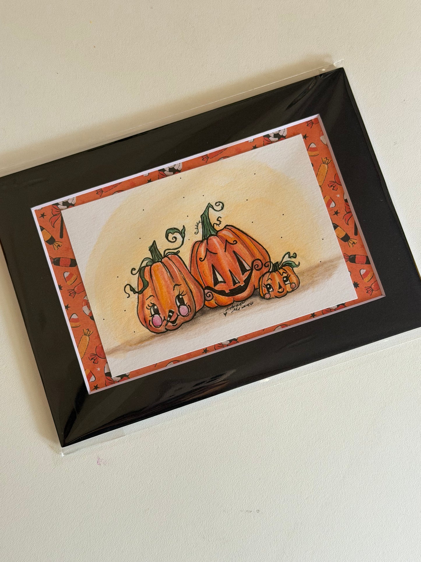 Pumpkin Family of 3 - Original Painting - 5x7 mat frame in sleeve