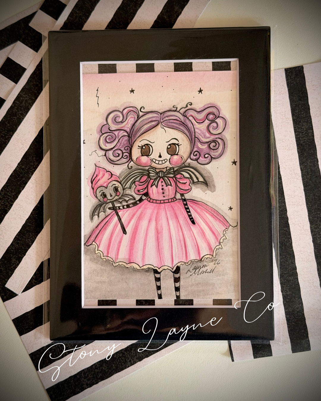 Rosabelle Batwings- Original Painting - 5x7 mat frame in sleeve