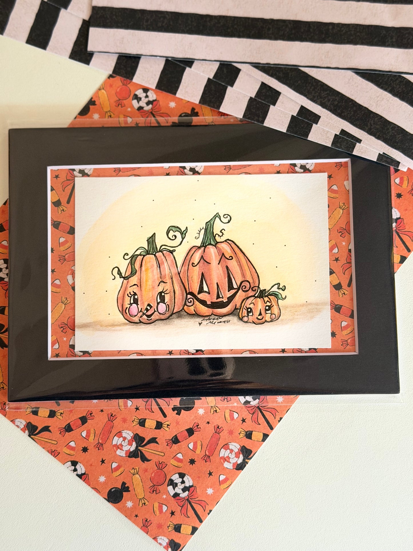 Pumpkin Family of 3 - Original Painting - 5x7 mat frame in sleeve